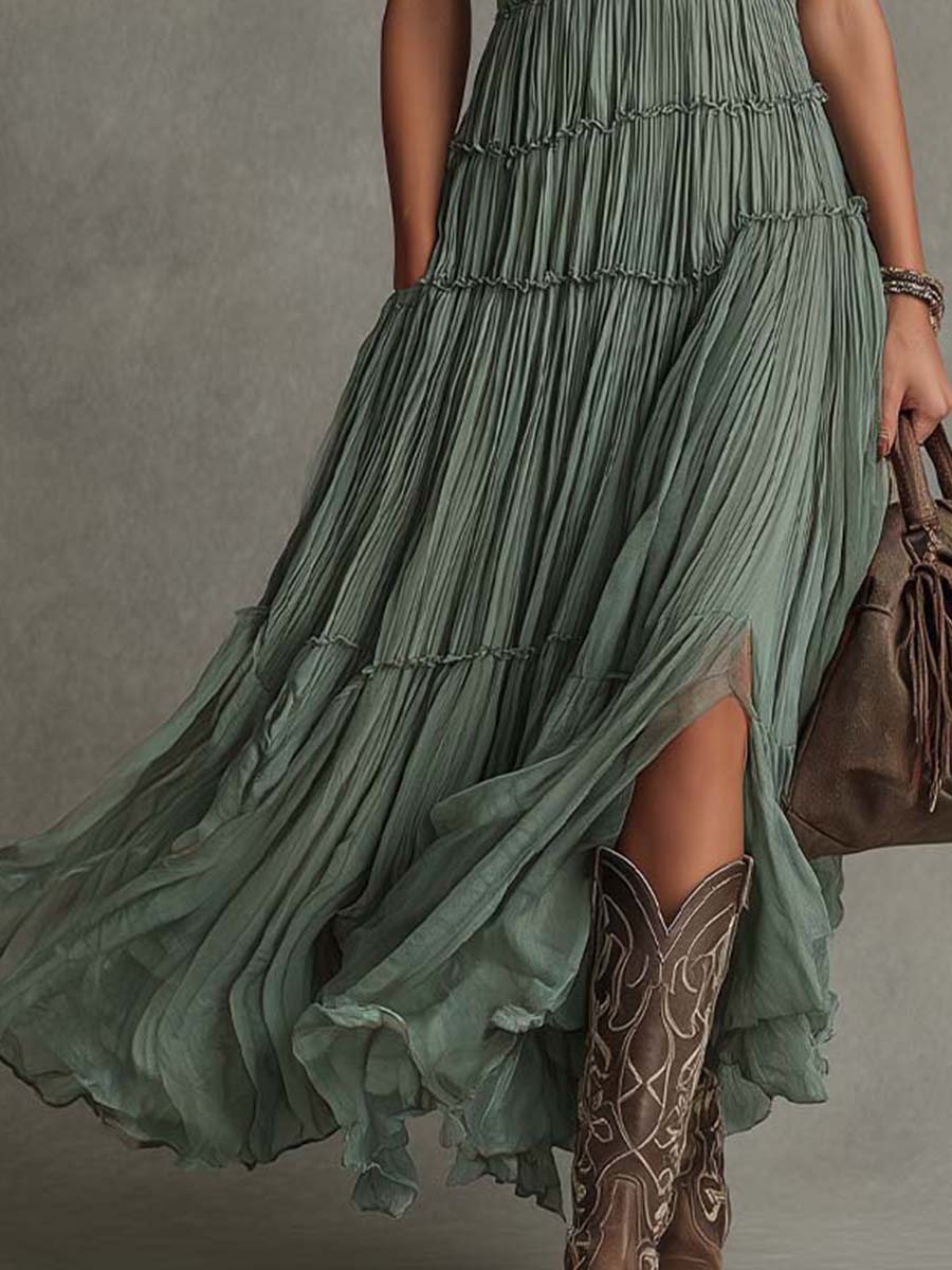 Sirikun | Vestido Largo Sin Mangas Plisado en Verde Salvia