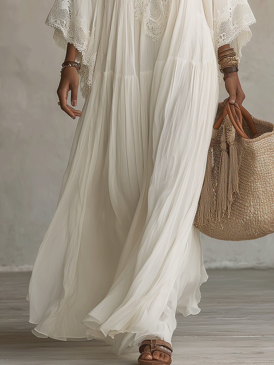 Shimmila | Vestido Largo Con Cuello en V Y Ribete De Encaje Blanco