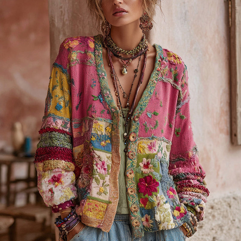 Riddle - Cárdigan de Punto con Diseño Floral en patchwork, cuello en V y Cierre frontal con botones