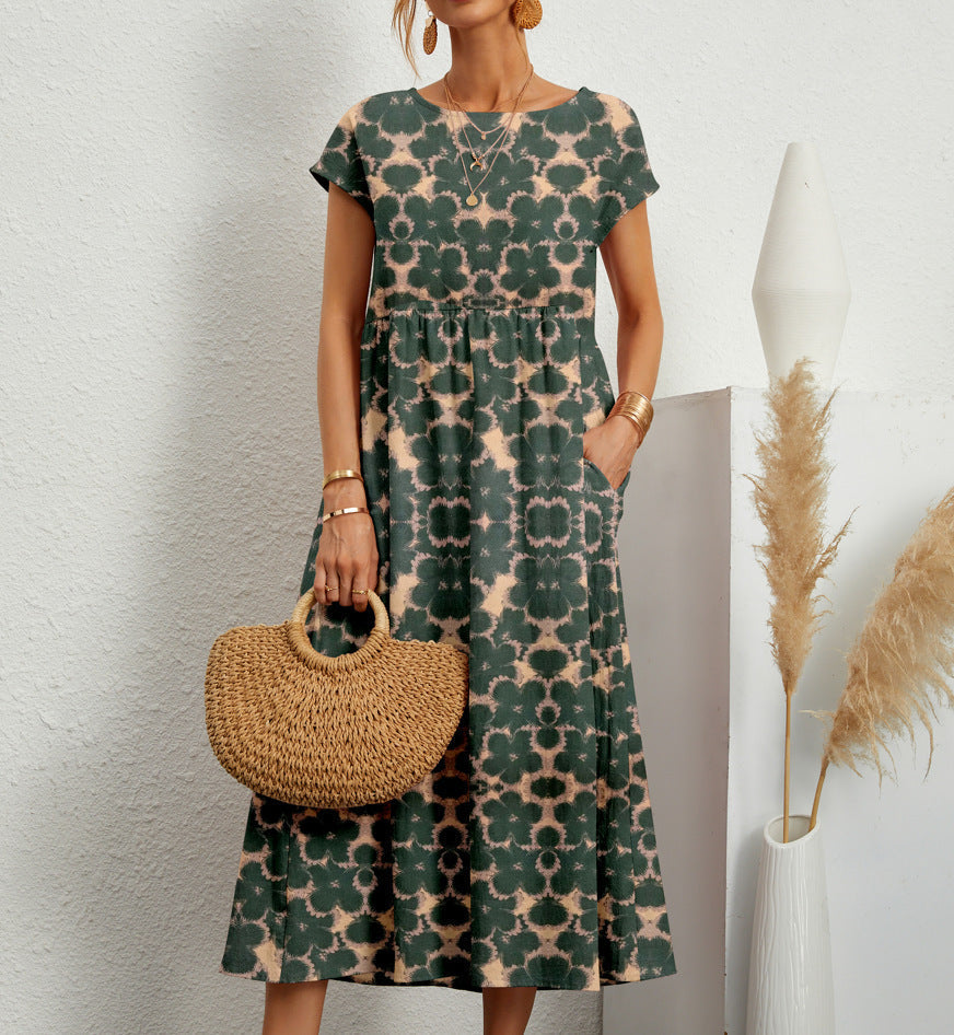 Lovelyn - Vestido Midi de Manga Corta con Estampado Floral