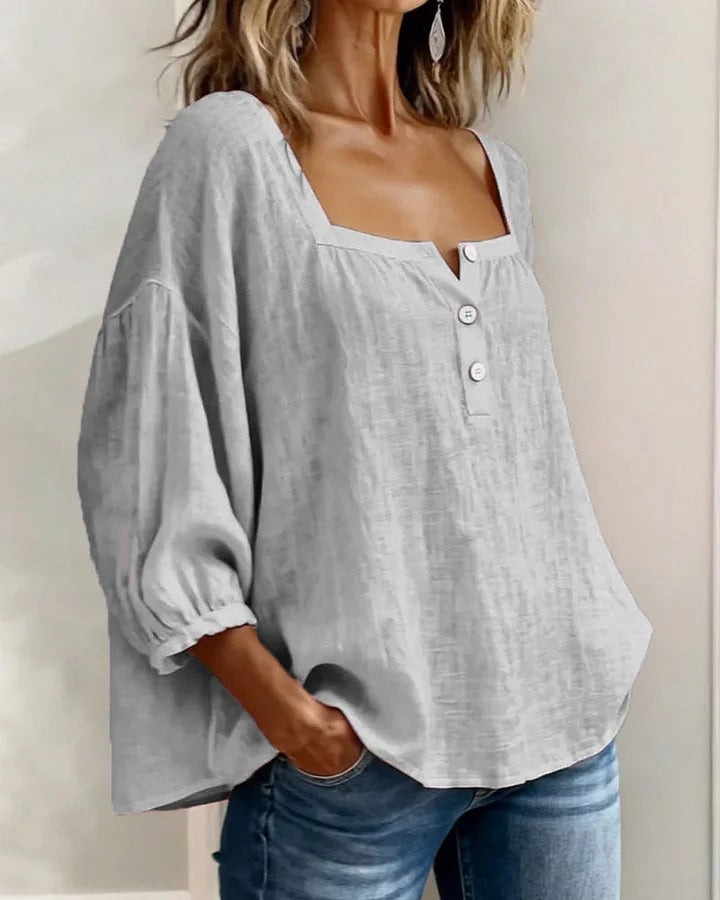 Leontien | Blusa Lino Cuello Cuadrado Botones Manga Globo