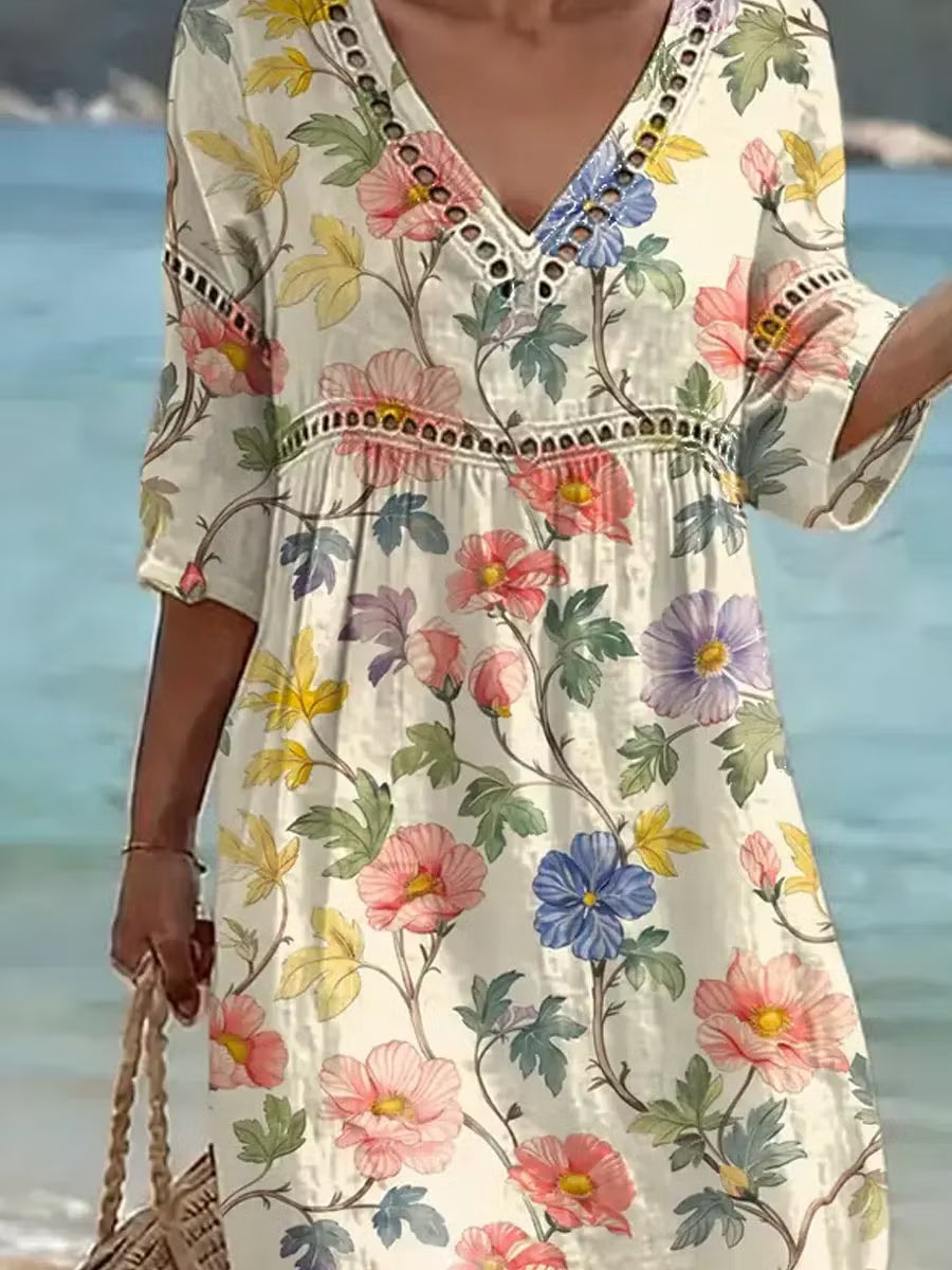 Nona | Vestido Largo De Manga Media Con Cuello en V Y Estampado Floral