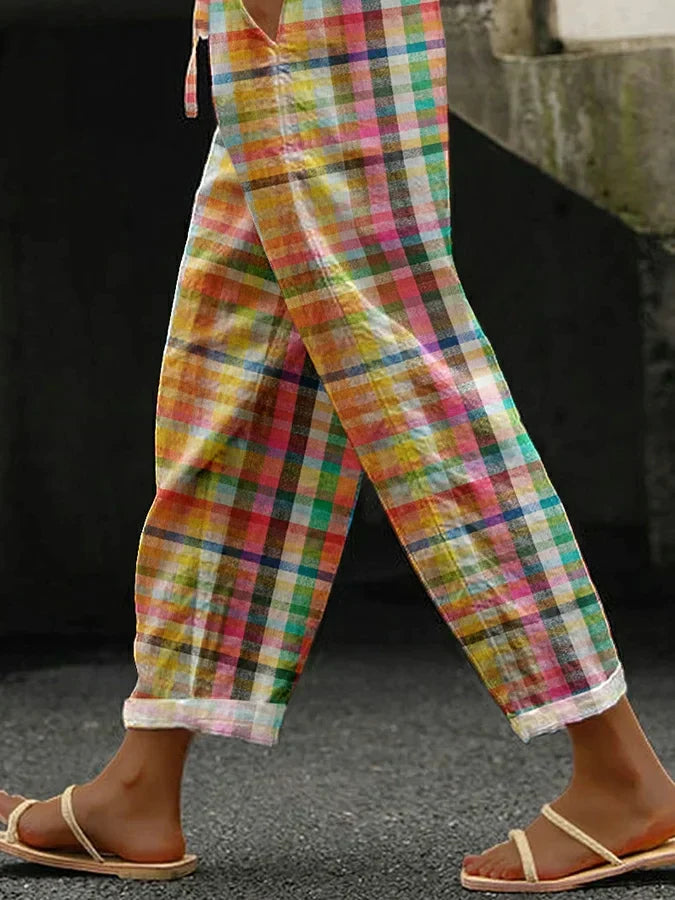 Bertilla | Pantalón Recto Mujer Lino Cuadros Estampado