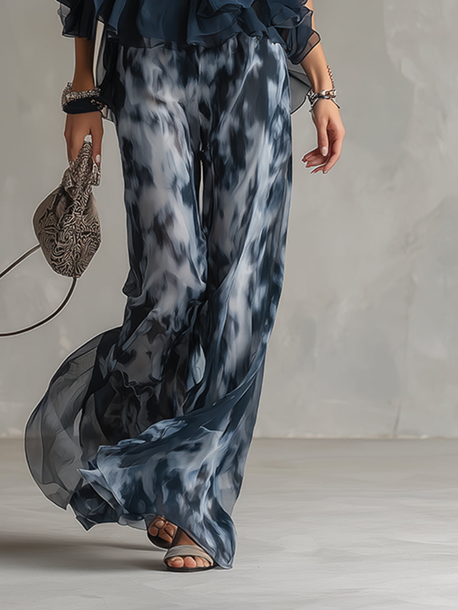 Shylla | Mono azul Marino con Cuello Halter, Volantes y Pernera ancha