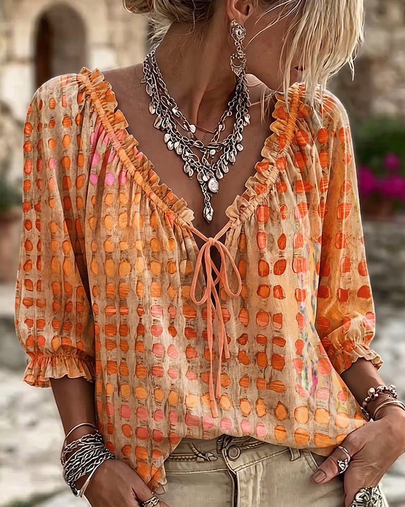 Kesney | Blusa Estampada con Lazo y Volantes