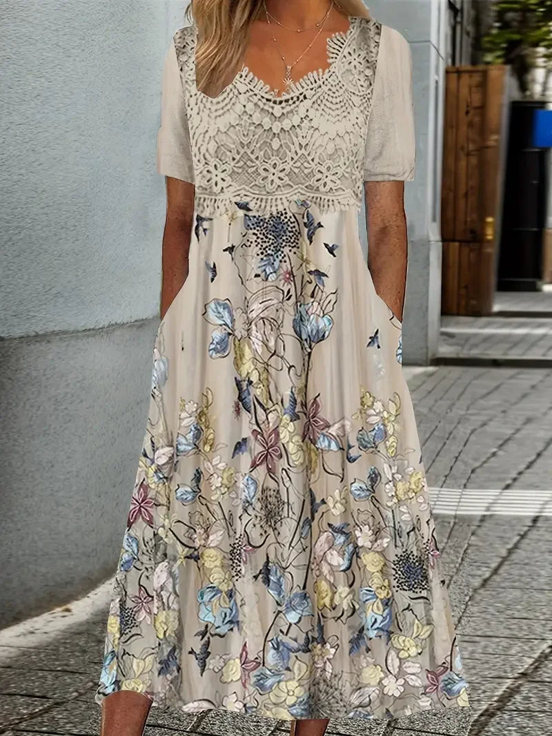 Renata | Vestido Midi Con Estampado Floral y Panel de Encaje