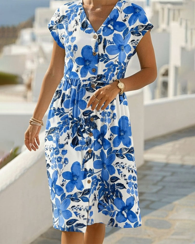 Sinera - Vestido Midi Con Cuello en V y Estampado Floral