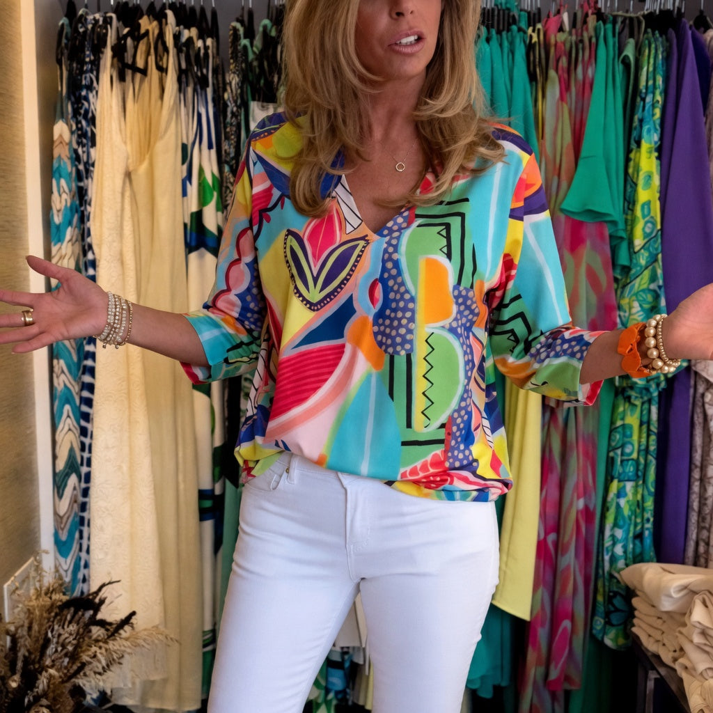 Marlain | Blusa Holgada Con Cuello en V Y Estampado Abstracto
