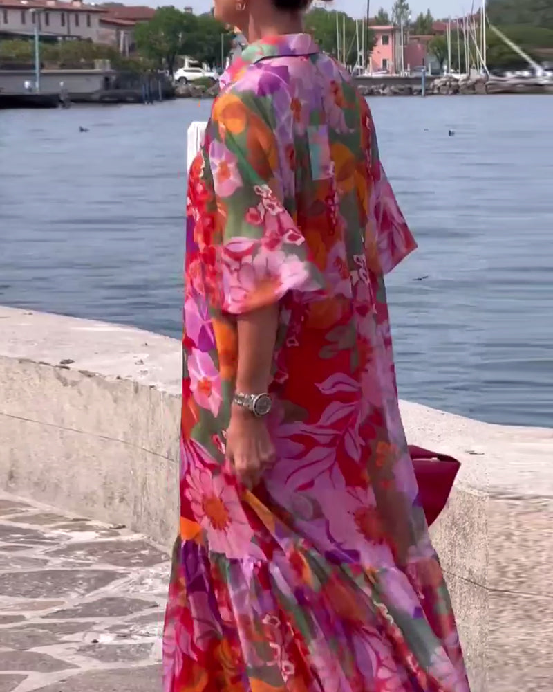 Tanisha | Vestido Maxi Floral con Cuello y Mangas Abullonadas