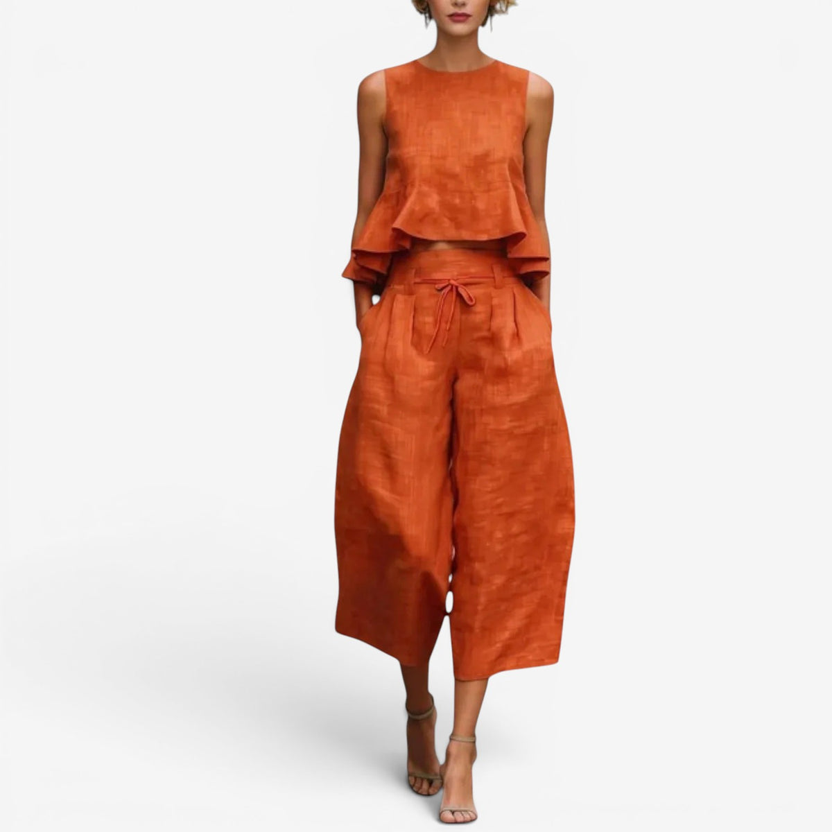 Nilyana | Conjunto De Top Sin Mangas Con Volantes Y Pantalones De Pierna Ancha
