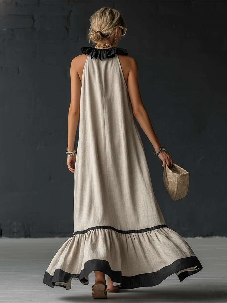 Natja | Vestido Largo Con Cuello De Volantes Y Bajo en Contraste