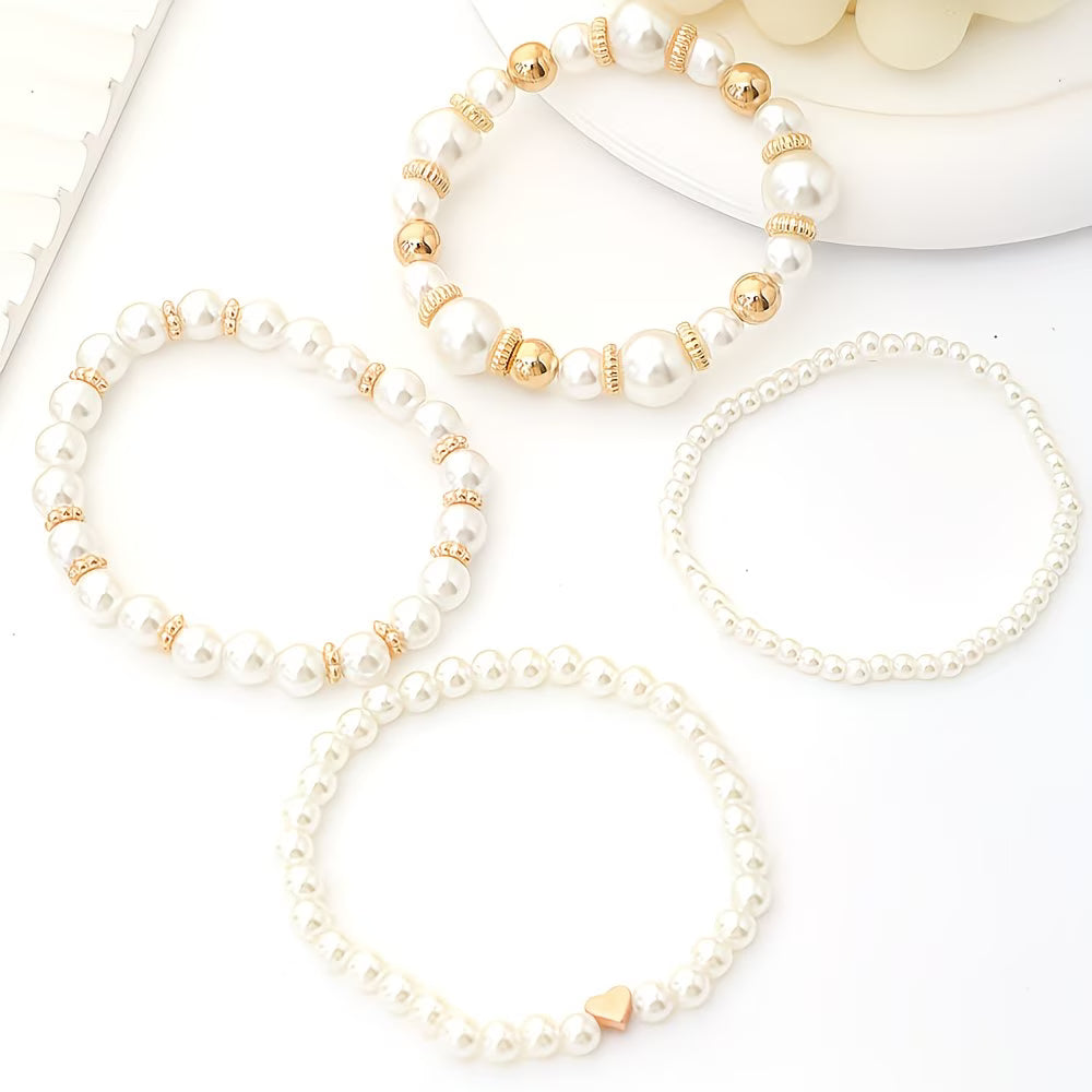 Adelen | Conjunto De Pulseras en Capas Con Cuentas De Perlas, Color Dorado