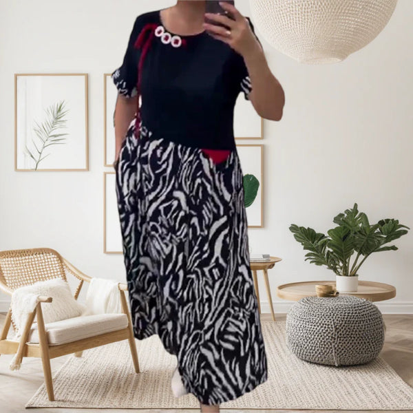 Zahara - Vestido Midi de Manga Corta Con Estampado de Cebra en Patchwork