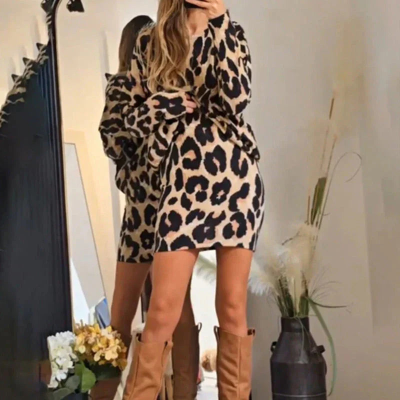 Cathy | Vestido Mini Estampado Leopardo Manga Larga