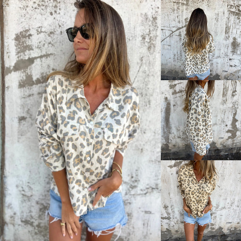 Leely | Camisa De Manga Larga Con Estampado De Leopardo Y Cierre Frontal Con Botones