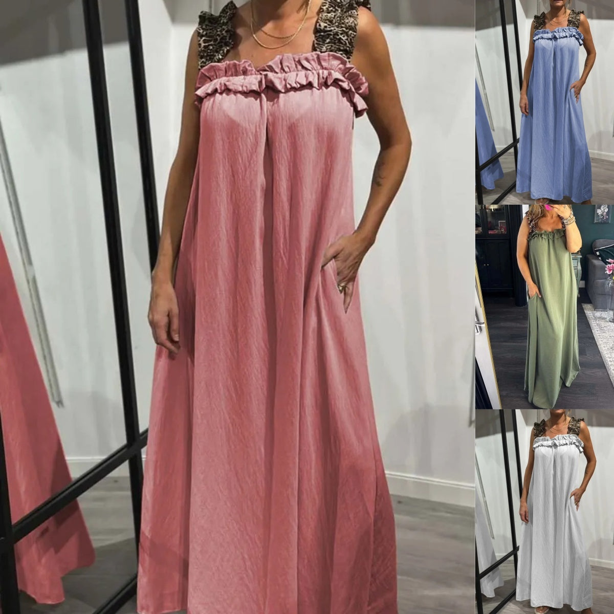 Fiola | Vestido Largo Sin Mangas Con Cuello de Volantes y Bolsillos