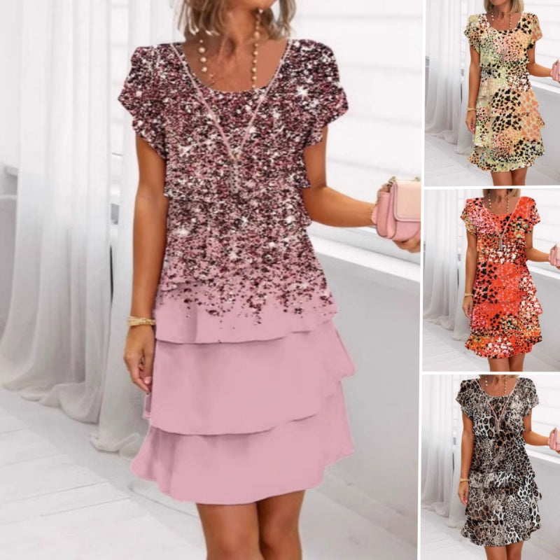 Jonna | Vestido Corto Estampado de Animales Con Capas