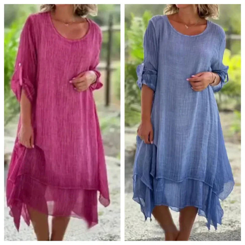 Mariela | Vestido midi de Cuello Redondo con bajo en Capas