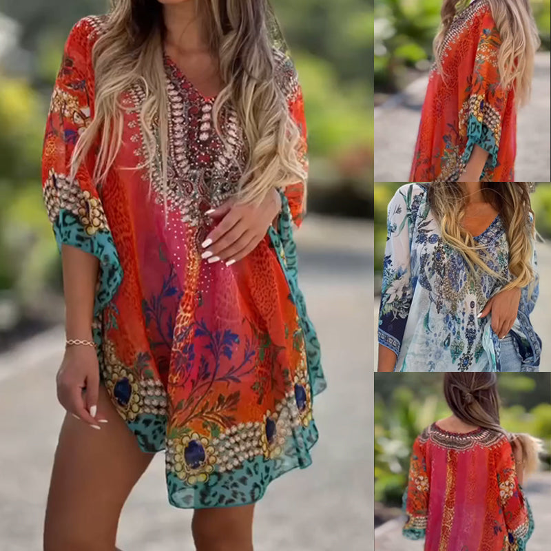 Joleena | Vestido Mini Asimétrico Estampado Cuello V