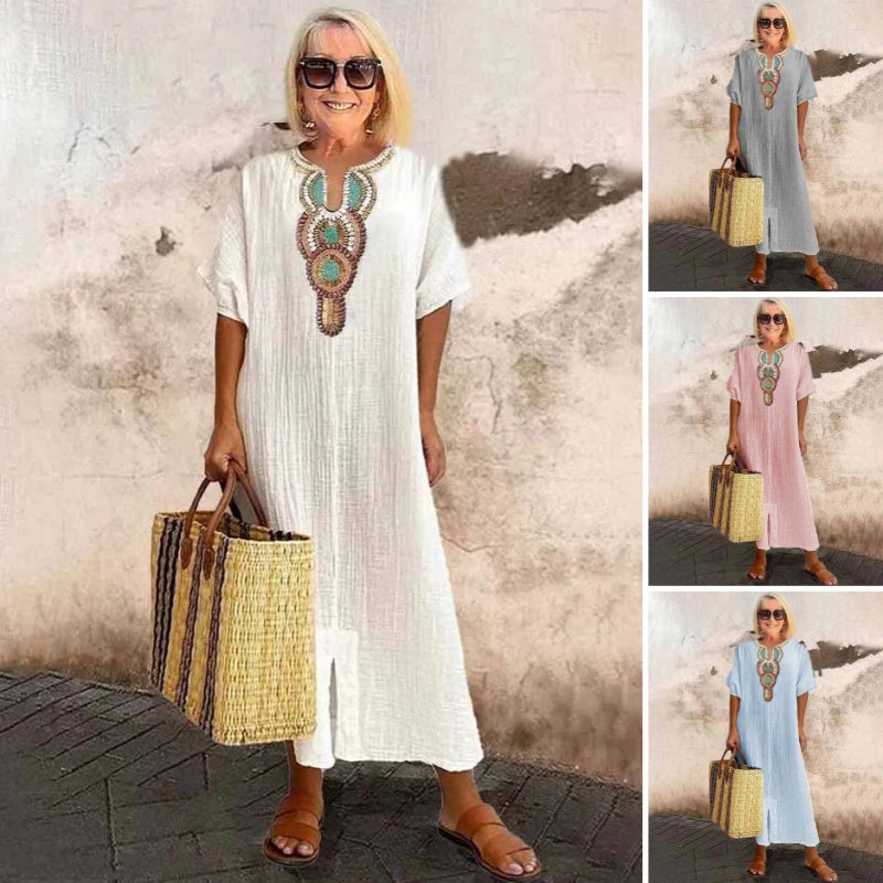 Lioba | Vestido MIDI Holgado Con Cuello en V Y Bordados