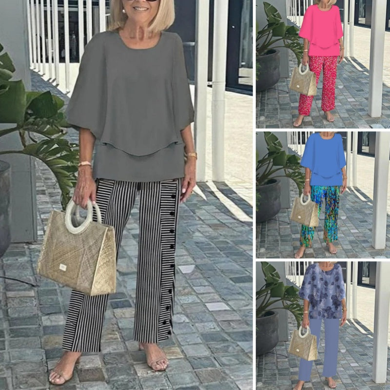 Laetitaa - Conjunto Dos Piezas Blusa Capa Pantalón Estampado