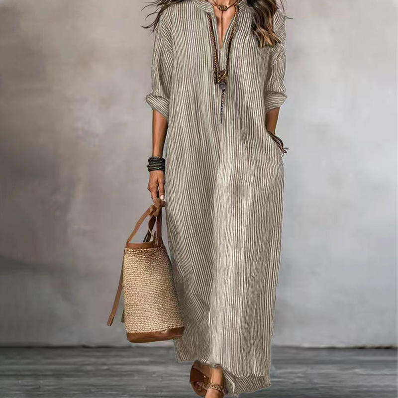 Levina | Vestido Maxi a Rayas Con Cuello en V