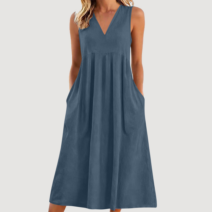 Milanie | Vestido Midi Sin Mangas Con Cuello en V y Bolsillos
