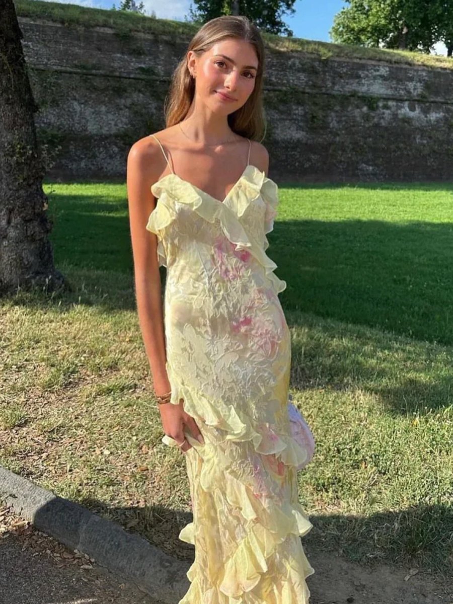 Latonya | Vestido Largo Con Tirantes Y Volantes Florales