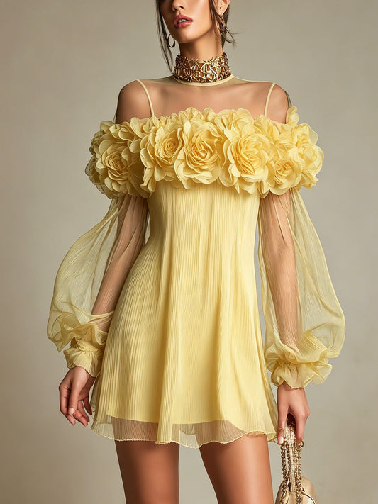 Liziana | Vestido Mini Plisado Amarillo Con Flores
