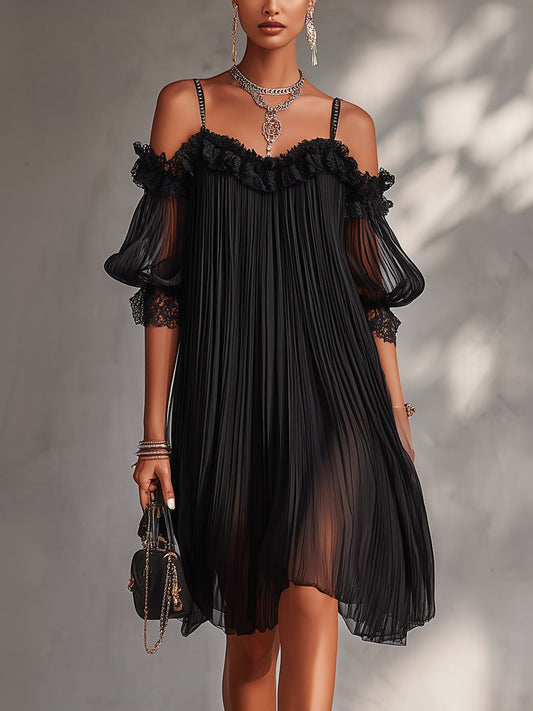 Silija | Vestido MIDI Negro Plisado Con Hombros Al Aire