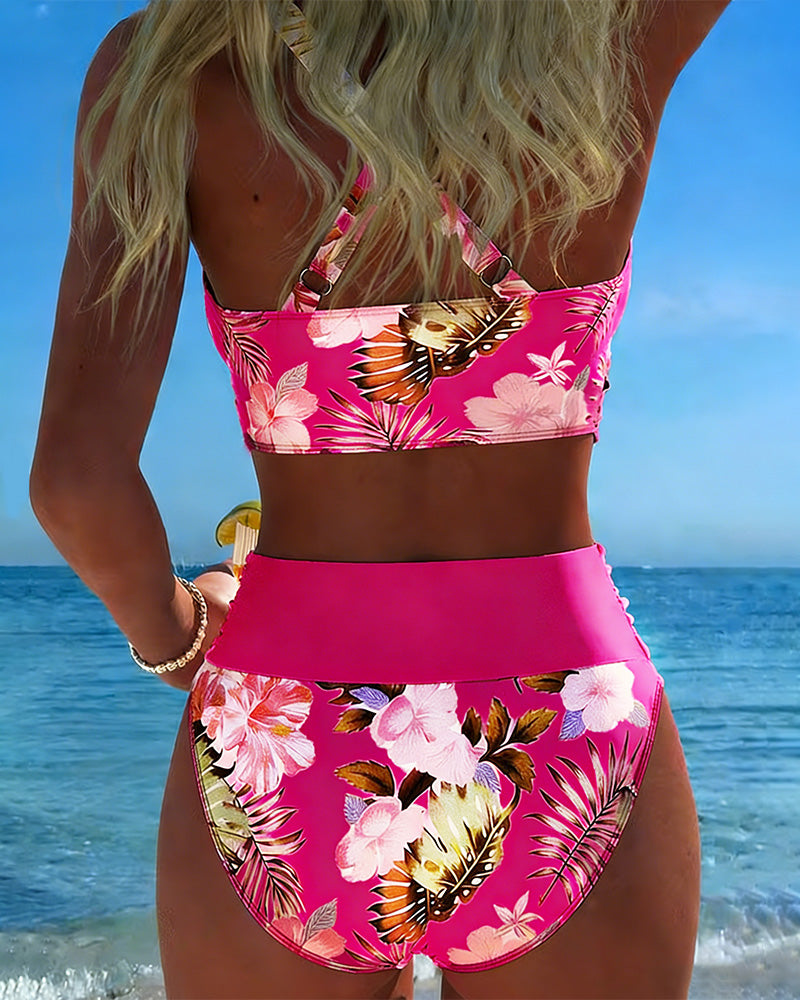 Hinari - Conjunto de Bikini de Cintura Alta Con Estampado Floral