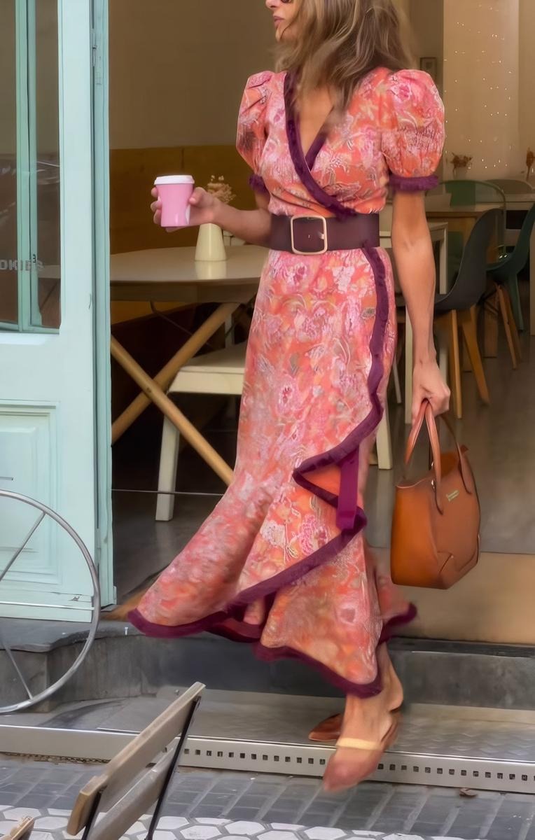Eliett - Vestido Largo de Mujer Con Estampado Floral y Mangas Abullonadas