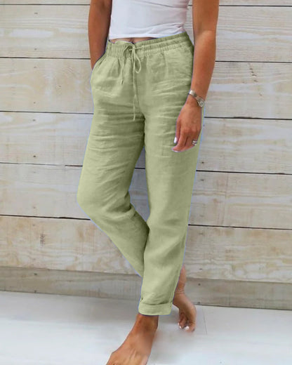 Roberta - Pantalones de Mezcla de Lino Con Cordón en La Cintura y Bolsillos Laterales