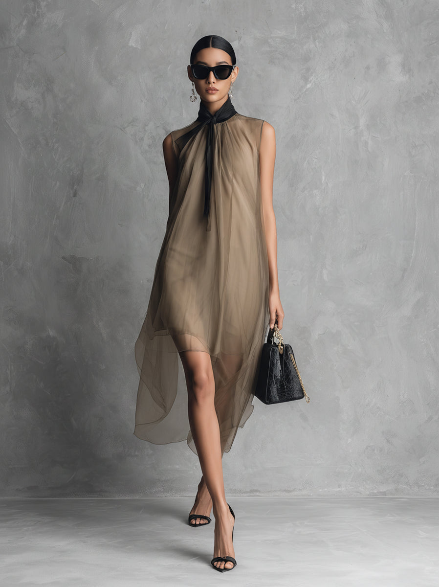 Yupha | Vestido MIDI Sin Mangas, De Cuello Alto Y Tejido Transparente
