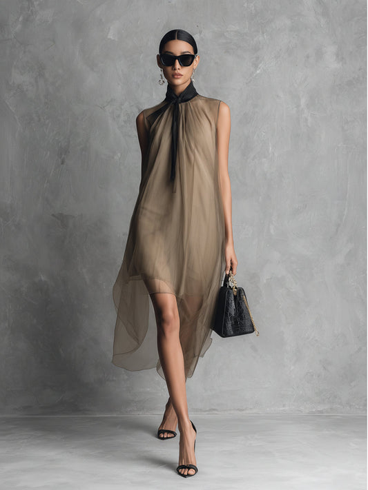 Yupha | Vestido MIDI Sin Mangas, De Cuello Alto Y Tejido Transparente