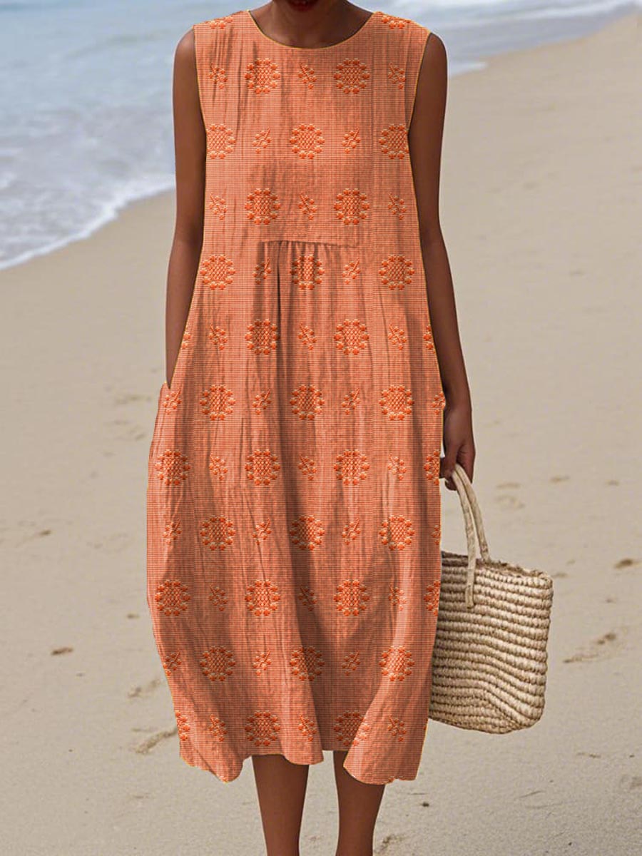 Aikaterini - Vestido Midi Sin Mangas Con Bolsillos y Textura