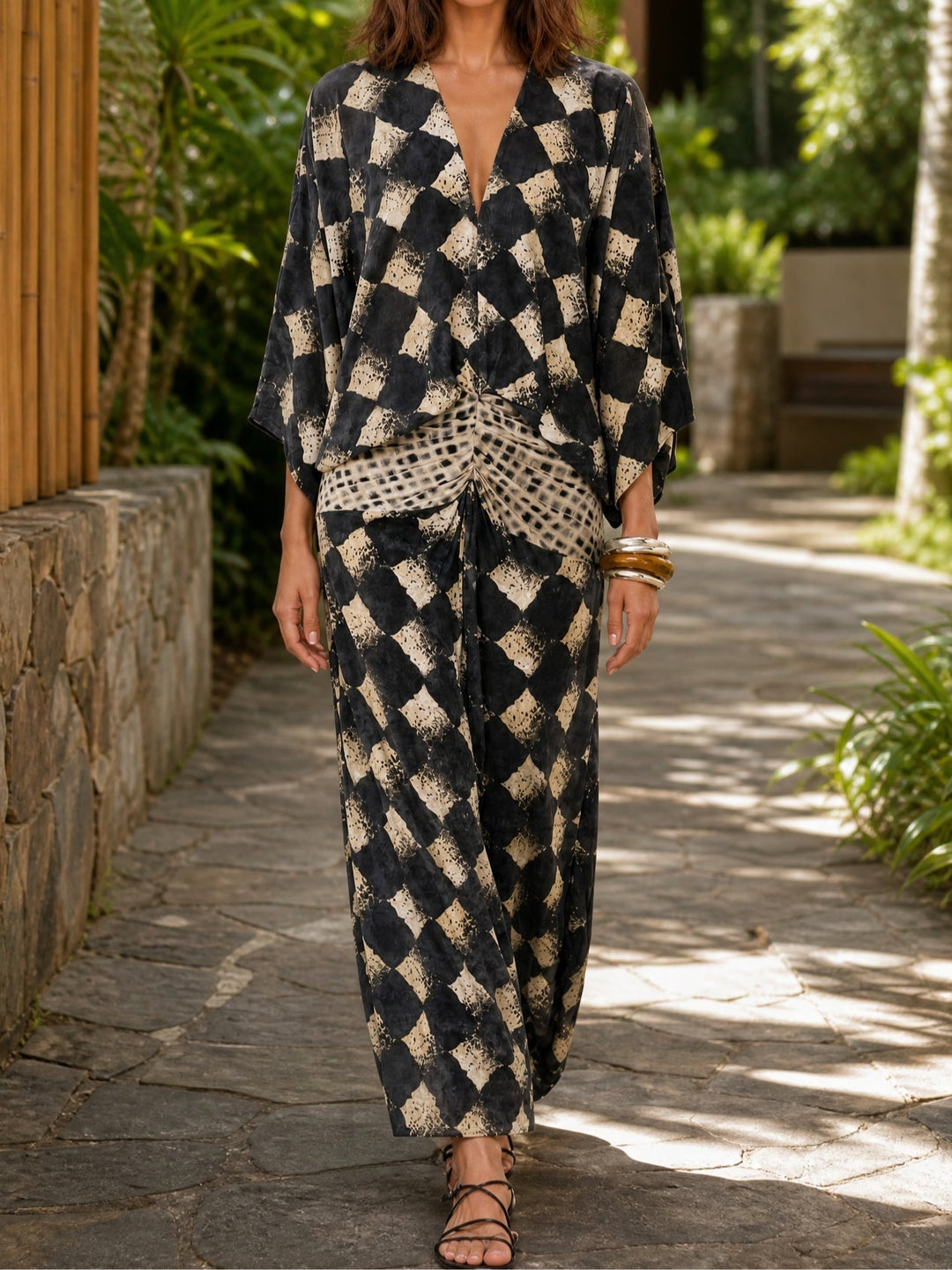 Meeria | Conjunto Estampado De Cuello en V Y Pierna Ancha