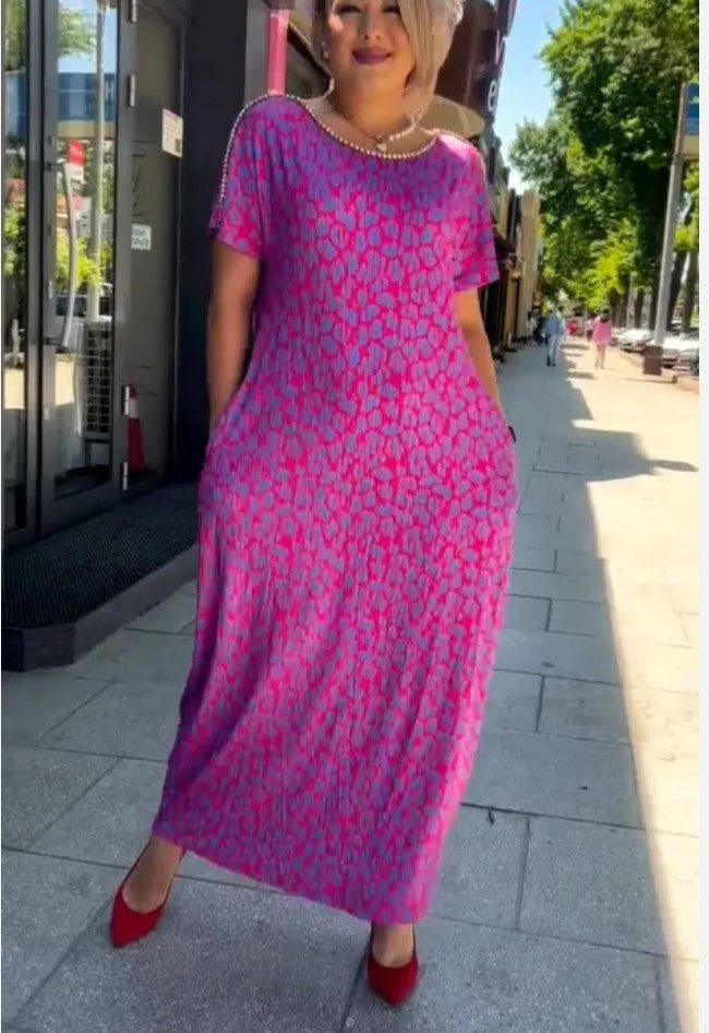 Bettina | Vestido Largo Estampado de Manga Corta