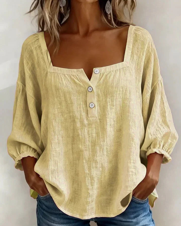 Leontien | Blusa Lino Cuello Cuadrado Botones Manga Globo
