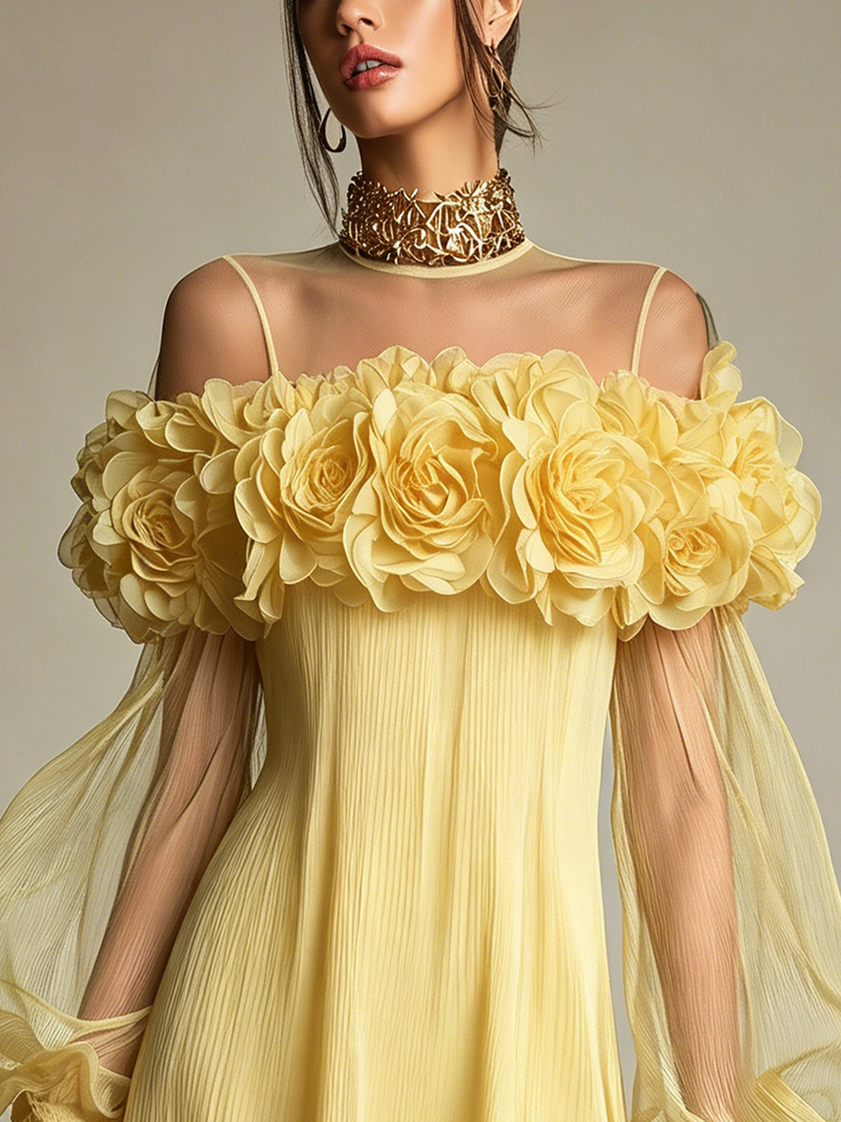 Liziana | Vestido Mini Plisado Amarillo Con Flores