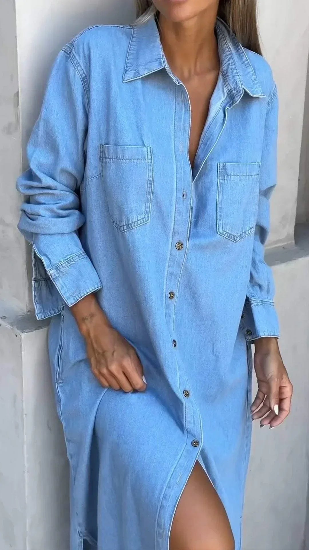 Vallina - Vestido Camisero Largo De Denim Con Cuello Y Botones en La Parte Delantera