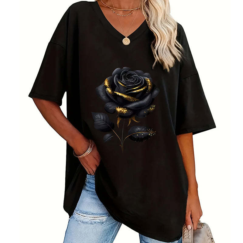 Aijia | Camiseta Cuello V Estampado Rosa Manga Corta