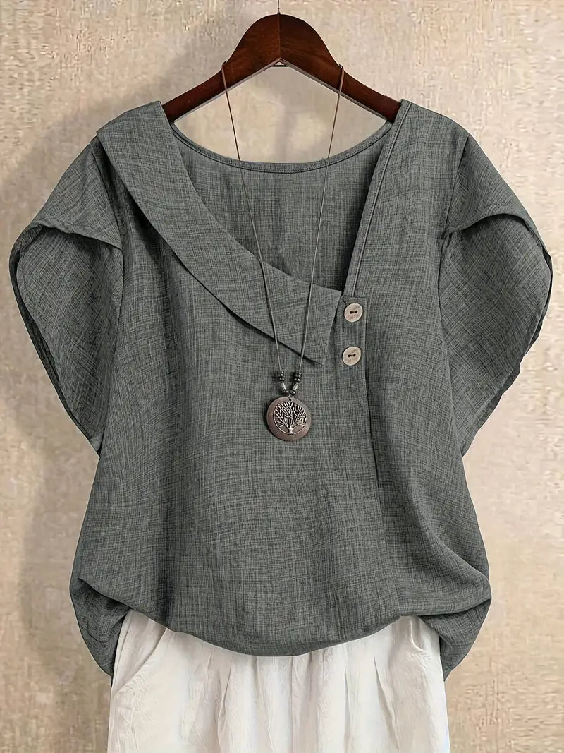 Milany - Blusa Informal De Manga Corta Con Cuello Asimétrico Y Detalle De Botones