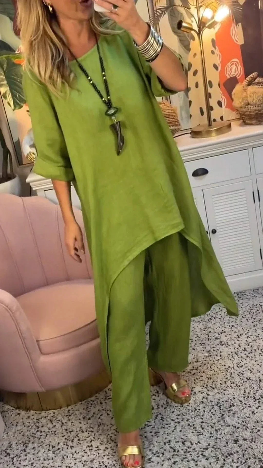 Maryla | Conjunto De Dos Piezas: Túnica Asimétrica Y Pantalones Verdes