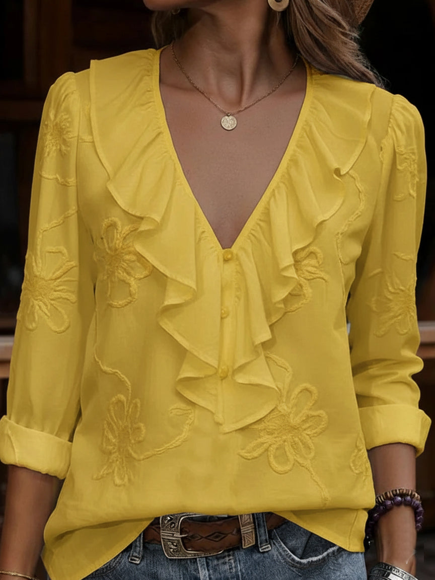 Celestine | Blusa Con Cuello en V Con Volantes Y Bordado Floral
