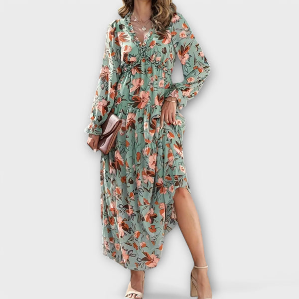 Vanna | Vestido Largo Floral con Escote en V y Manga Larga