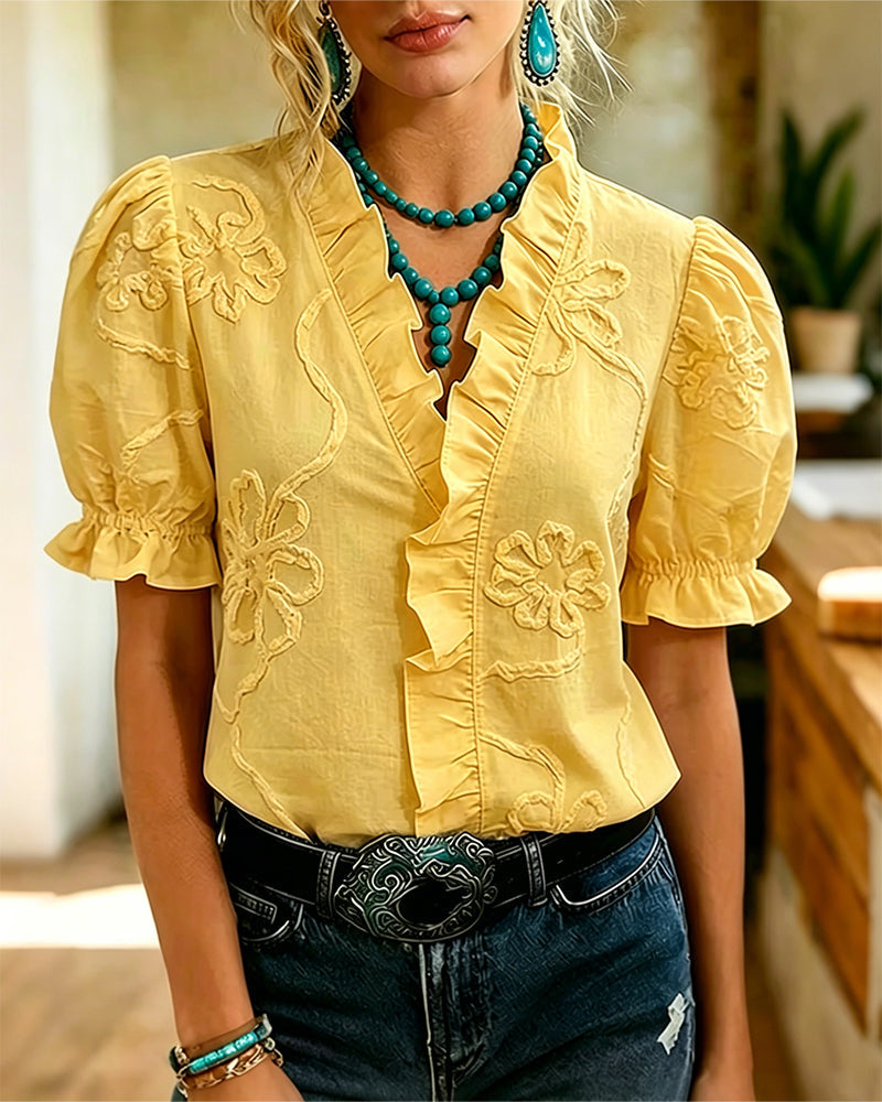 Lillynn | Blusa Escote V Con Volantes Y Manga Abullonada