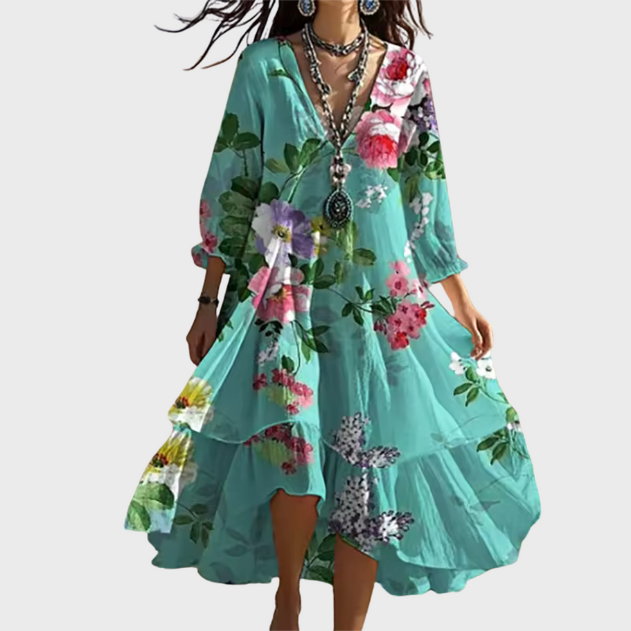 Shanae | Vestido MIDI Con Cuello en V Y Estampado Floral