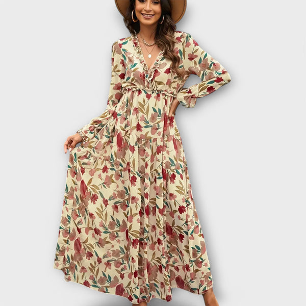 Vanna | Vestido Largo Floral con Escote en V y Manga Larga