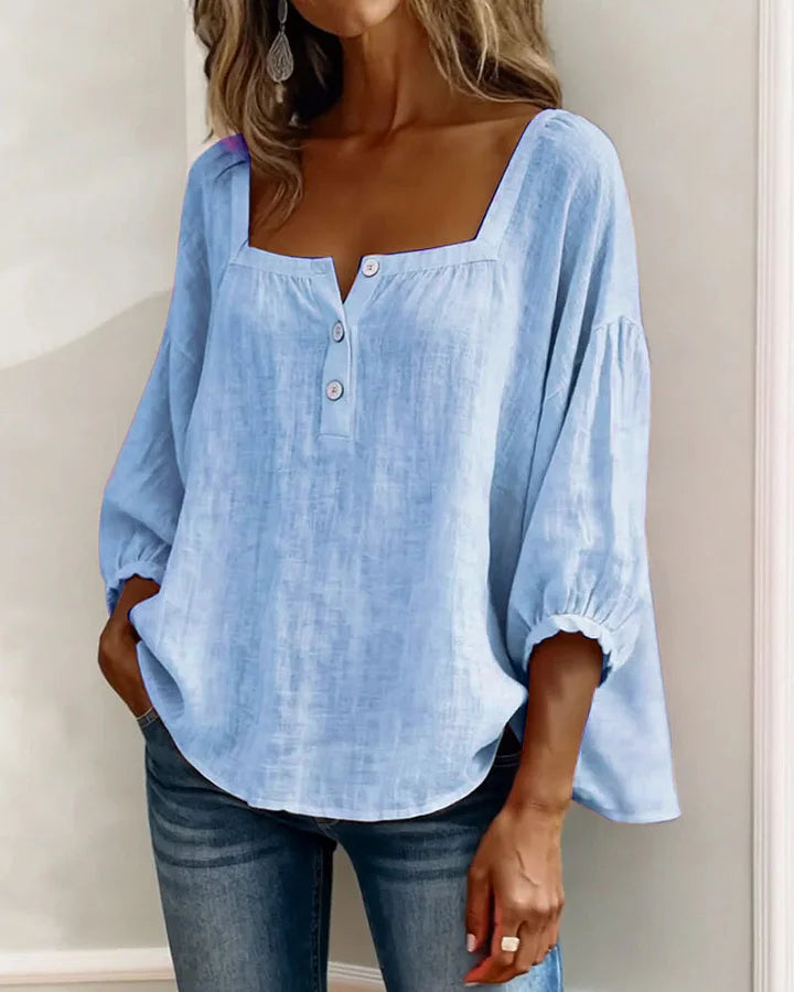 Leontien | Blusa Lino Cuello Cuadrado Botones Manga Globo